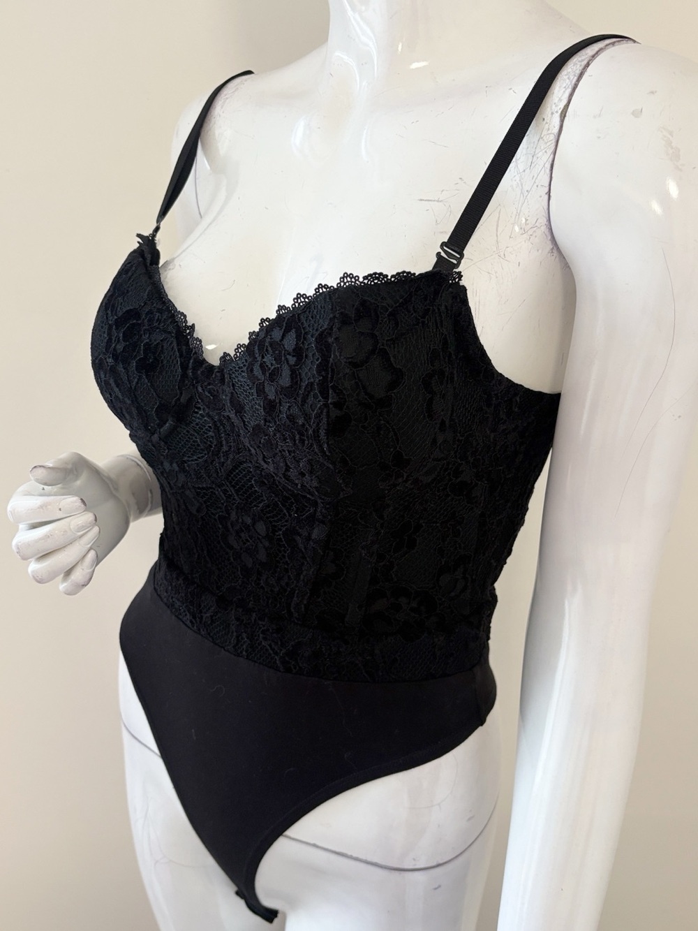 Naked Wardrobe Black Cut Velvet Bustier Corset Style Bodysuit w Lace Trim